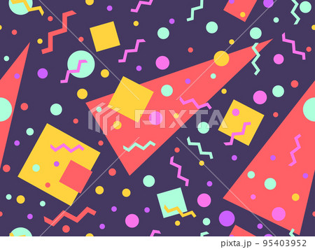 Geometric seamless pattern in 80s memphis style. Colorful multicolored abstract geometric pattern. Design of promotional products, wrapping paper and printing. Vector illustration 95403952