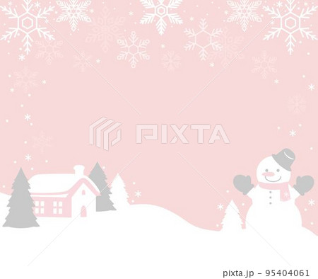 雪だるまと冬の風景の背景イラスト フレーム 雪 かわいい シンプル コピースペースのイラスト素材 雪だるまと冬の風景の背景イラスト フレーム 雪 かわいい シンプル コピースペースのイラスト素材