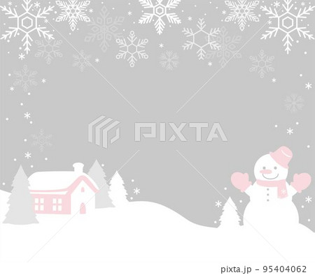 雪だるまと冬の風景の背景イラスト フレーム 雪 かわいい シンプル コピースペースのイラスト素材