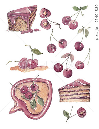 Colorful summer set of desserts. Isolated watercolor illustrations of food: pieces of cakes, cherry compote and ripe cherries Colorful summer set of desserts. Isolated watercolor illustrations of food: pieces of cakes, cherry compote and ripe cherries 95404380
