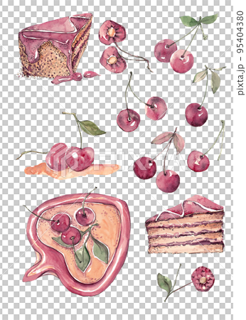 Colorful summer set of desserts. Isolated watercolor illustrations of food: pieces of cakes, cherry compote and ripe cherries Colorful summer set of desserts. Isolated watercolor illustrations of food: pieces of cakes, cherry compote and ripe cherries 95404380