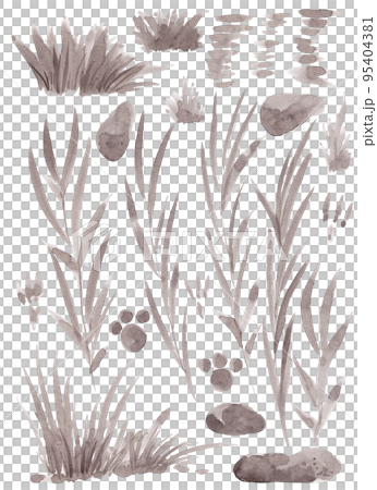 Set of monochrome isolated illustrations of plants and stones Set of monochrome isolated illustrations of plants and stones 95404381