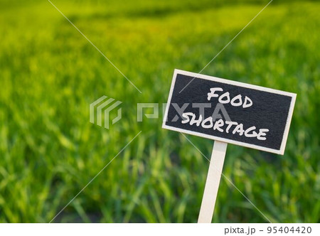 Wooden information label sign with text FOOD SHORTAGE against defocused agriculture field message. Global hunger, inflation, high prices, increasing living expenses and poverty, wheat crisis 95404420
