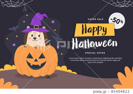 Halloween banner with cute hedgehog wearing witch hat with a pumpkin spooky jack o lantern. Season sale, special offer template, vector illustration 95404622