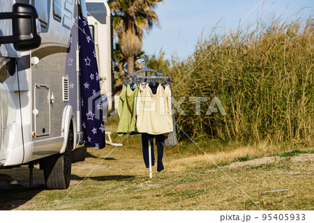 Clothes hanging to dry outdoor. Camping Clothes hanging to dry outdoor. Camping 95405933