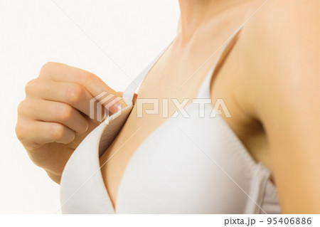 Female wearing too big bra Stock Photo