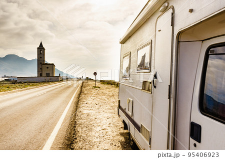 Caravan and church San Miguel, Cabo de Gata, Spain Caravan and church San Miguel, Cabo de Gata, Spain 95406923