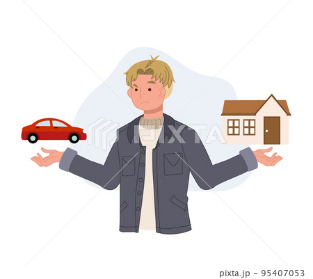 A man comparing to buy a house or a car. Make decision Choice between house and car. Vector illustration. 95407053