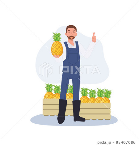 Male farmer is promoting fruit products. good Fresh big juicy pineapple. natural food. flat vector illustration 95407086