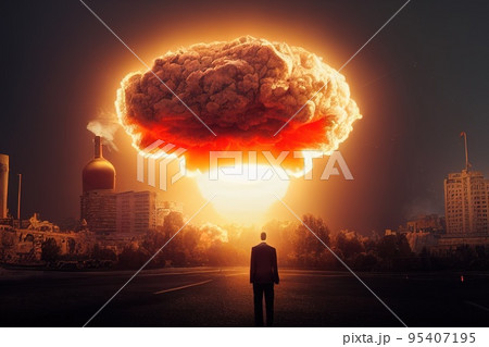 Man standing and watching nuclear war atomic explosion of nuclear bomb in the city Man standing and watching nuclear war atomic explosion of nuclear bomb in the city 95407195