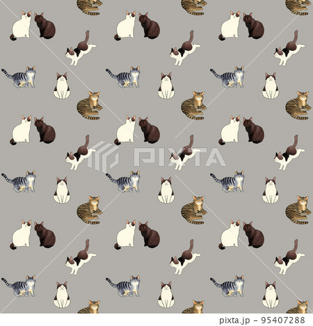 猫のシームレスパターン　手描きイラストの動物柄テキスタイル 95407288