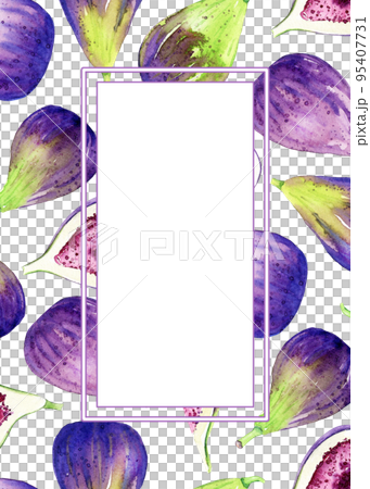 Greeting card template with watercolor hand drawn figs. Illustration of sweet fresh crop. Organic food for label, menu, recipes, packaging. Summet fruit harvest. 95407731