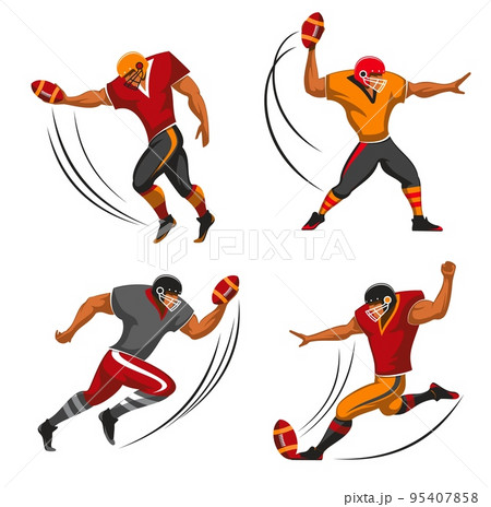 American football players, rugby sport team vector characters. American football players in action quarterback, guard and fullback running, throwing and catching ball in helmet and uniform 95407858