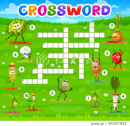 Cartoon vegetables on yoga fitness crossword grid. Find a word quiz game. Vector worksheet with funny olive, artichoke, pepper and radish, cauliflower, mushroom, onion with corn, potatoes and beans Cartoon vegetables on yoga fitness crossword grid. Find a word quiz game. Vector worksheet with funny olive, artichoke, pepper and radish, cauliflower, mushroom, onion with corn, potatoes and beans 95407893