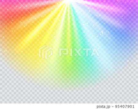 Rainbow rays on transparent background. Sun light refraction ray backdrop, sunlight spectrum flare realistic vector cover or wallpaper. Rainbow gradient glare, magic glow, prism reflection background 95407901