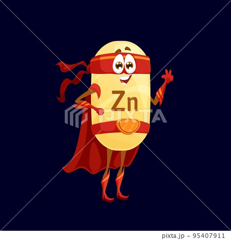 Cartoon zinc or zincum superhero character. Isolated vector funny Zn nutrient defender fairytale personage. Comic food supplement capsule, mineral, micronutrient bubble in red super hero cloak or mask Cartoon zinc or zincum superhero character. Isolated vector funny Zn nutrient defender fairytale personage. Comic food supplement capsule, mineral, micronutrient bubble in red super hero cloak or mask 95407911