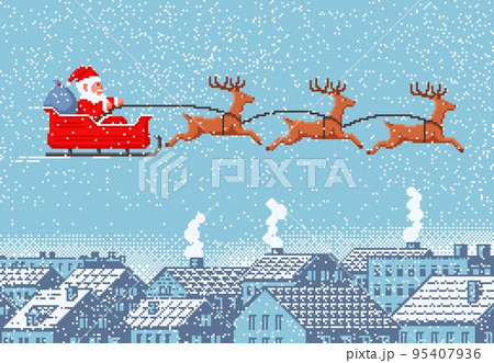 Pixel Santa Claus sleigh with vector reindeer and gift bag flying in sky over winter holiday town landscape with snowy roofs and houses. Xmas and New Year arcade or 8 bit video game, pixel art card Pixel Santa Claus sleigh with vector reindeer and gift bag flying in sky over winter holiday town landscape with snowy roofs and houses. Xmas and New Year arcade or 8 bit video game, pixel art card 95407936