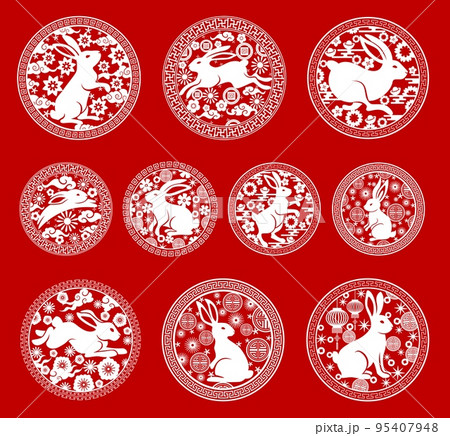 Chinese New Year horoscope rabbit round icons. Zodiac animal vector symbols with papercut pattern of Asian lanterns, lucky coins and cherry blossom, oriental clouds, stars and geometric ornaments Chinese New Year horoscope rabbit round icons. Zodiac animal vector symbols with papercut pattern of Asian lanterns, lucky coins and cherry blossom, oriental clouds, stars and geometric ornaments 95407948