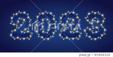 Numbers 2023 made of festivesparkling garland, little scattered stars on a blue background. No transparency effect. Vector illustration 95408320