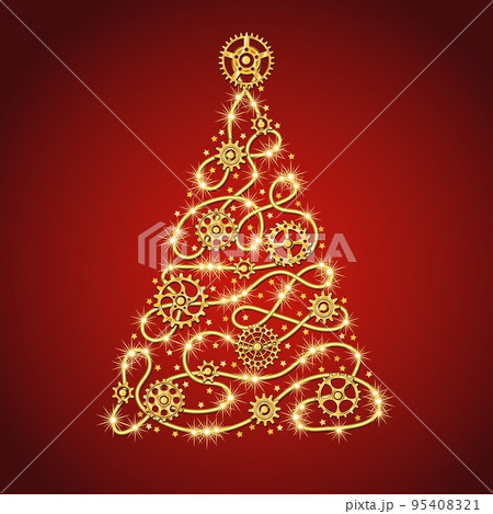 Gold christmas tree made of golden wire with gears, sparkles, little scattered stars on a red background in steampunk style. 95408321