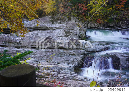 紅葉している葉っぱと鋭利な岩肌の芦別の三段の滝 95409015