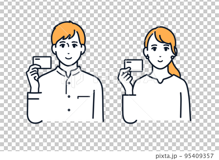 Vector illustration material of a young man and woman holding a card with a smile Vector illustration material of a young man and woman holding a card with a smile 95409357