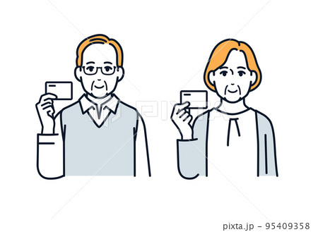 笑顔でカードを持つシニア夫婦のベクターイラスト素材 95409358