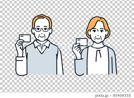 一對年長夫婦微笑著拿著卡片的矢量插圖素材 95409358