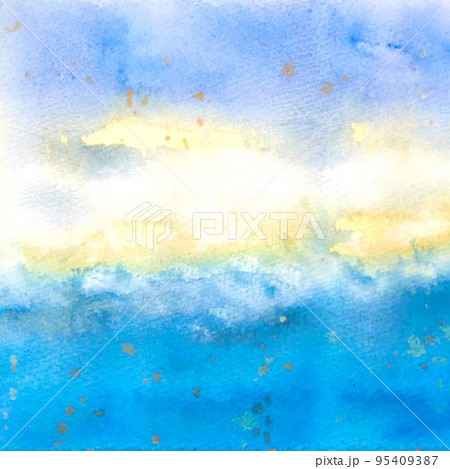 海と空の青に金色をまいたような手描きの抽象的な水彩画のイラスト素材