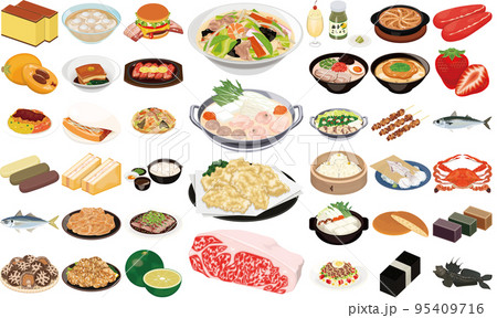 福岡、長崎、大分、佐賀の人気グルメ・名産のイラスト①（長崎ちゃんぽん、水炊き、とり天、佐賀牛） 95409716
