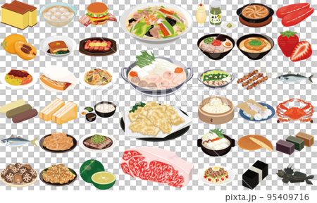 Fukuoka, Nagasaki, Oita, and Saga's popular gourmet and specialty illustrations (1) (Nagasaki champon, mizutaki, chicken tempura, Saga beef) 95409716