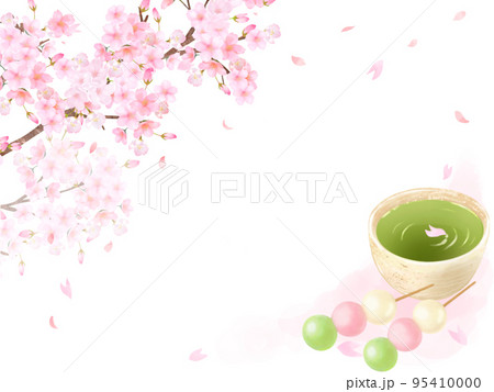 桜の木と花びらーお茶と3色お団子和風イラストセットー手描き素材 95410000