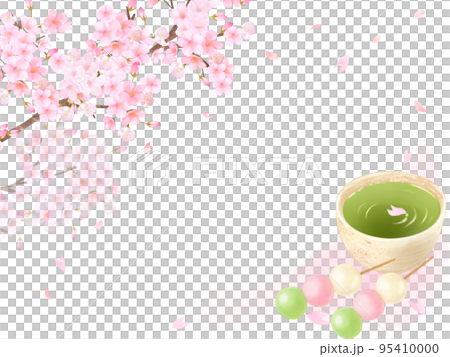 桜の木と花びらーお茶と3色お団子和風イラストセットー手描き素材 95410000
