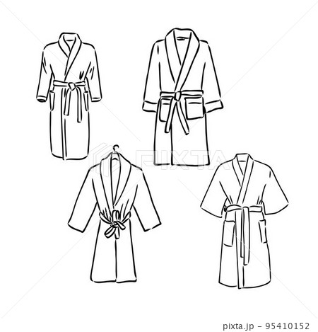 dressing gown, bathrobe fashion flat sketch vector illustration unisex self belt bathrobe template isolated illustration on white background. CAD mockup. 95410152