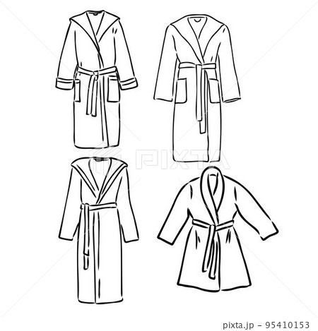 dressing gown, bathrobe fashion flat sketch vector illustration unisex self belt bathrobe template isolated illustration on white background. CAD mockup. 95410153