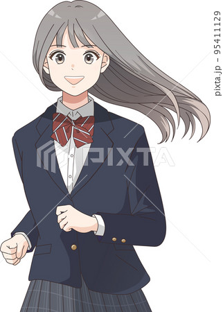 笑顔で走るブレザー服リボンを着たロングヘアの女子学生の上半身イラスト 95411129