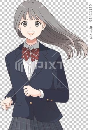 笑顔で走るブレザー服リボンを着たロングヘアの女子学生の上半身イラスト 95411129
