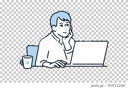 パソコンを操作しながらくつろぐ若い男性のベクターイラスト素材 パソコンを操作しながらくつろぐ若い男性のベクターイラスト素材 95411200