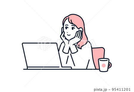 パソコンで動画を視聴する若い女性のベクターイラスト素材 95411201