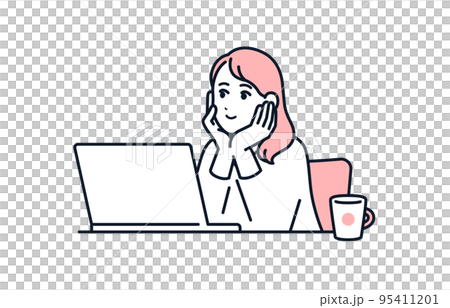 パソコンで動画を視聴する若い女性のベクターイラスト素材 95411201