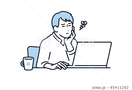 パソコンの前で頬杖をついて悩む若い男性のベクターイラスト素材 95411202