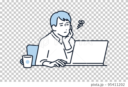 パソコンの前で頬杖をついて悩む若い男性のベクターイラスト素材 95411202