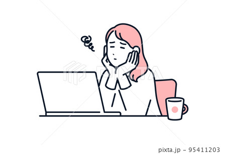パソコンの前で頬杖をついて悩む若い女性のベクターイラスト素材 95411203