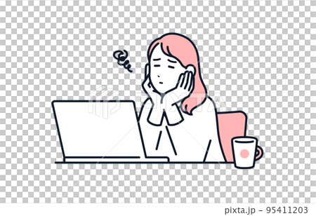 パソコンの前で頬杖をついて悩む若い女性のベクターイラスト素材 95411203