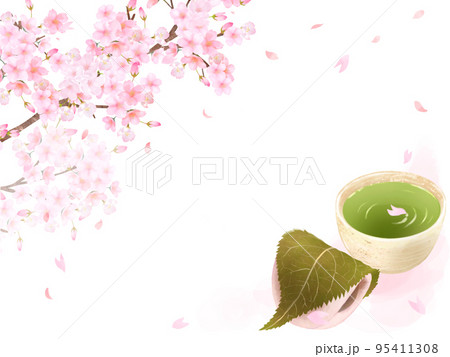 桜の木と花びらーお茶と柏餅の和風イラストセットー手描き素材 95411308