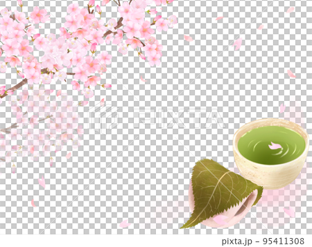 桜の木と花びらーお茶と柏餅の和風イラストセットー手描き素材 95411308
