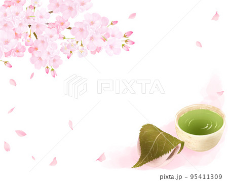 桜の木と花びらーお茶と柏餅の和風イラストセットー手描き素材 95411309