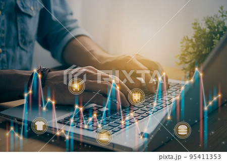 Casual Businessman Typing Laptop and Online Products Color Stock Bar Chart or Graph Trend in Vintage Tone Casual Businessman Typing Laptop and Online Products Color Stock Bar Chart or Graph Trend in Vintage Tone 95411353