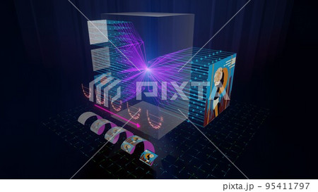 Newral net, artificial Intelligence diffusion network principle - visual art, portrait in specific style, generation by AI. 3D scheme of newral net reconstructing image from noise, text prompt and 95411797