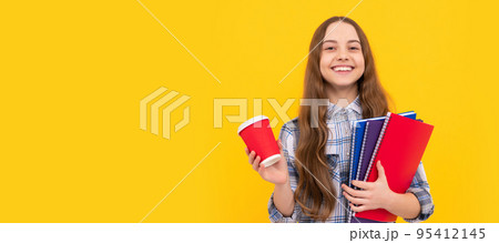 knowledge day. kid in checkered shirt with notebook and tea cup on yellow background. Horizontal isolated poster of school girl student. Banner header portrait of schoolgirl copy space. 95412145